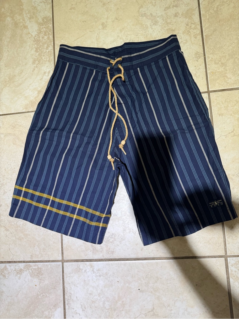 Ralph Lauren Navy Plaid Swim Shorts with Natural Rope Tie